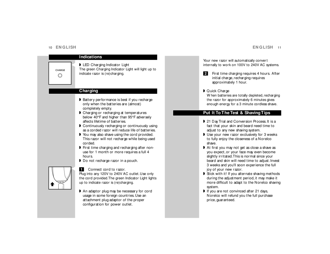 Philips 6844XL manual Indications, Charging, Put It To The Test & Shaving Tips 