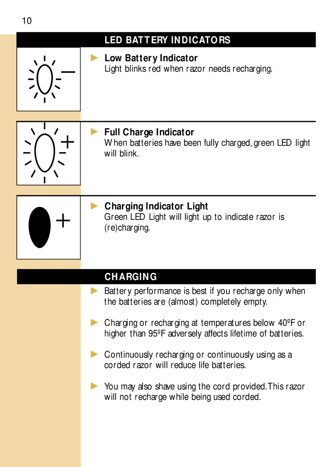 Philips 6846XL, 6848 manual LED Battery Indicators, Low Battery Indicator, Full Charge Indicator, Charging Indicator Light 