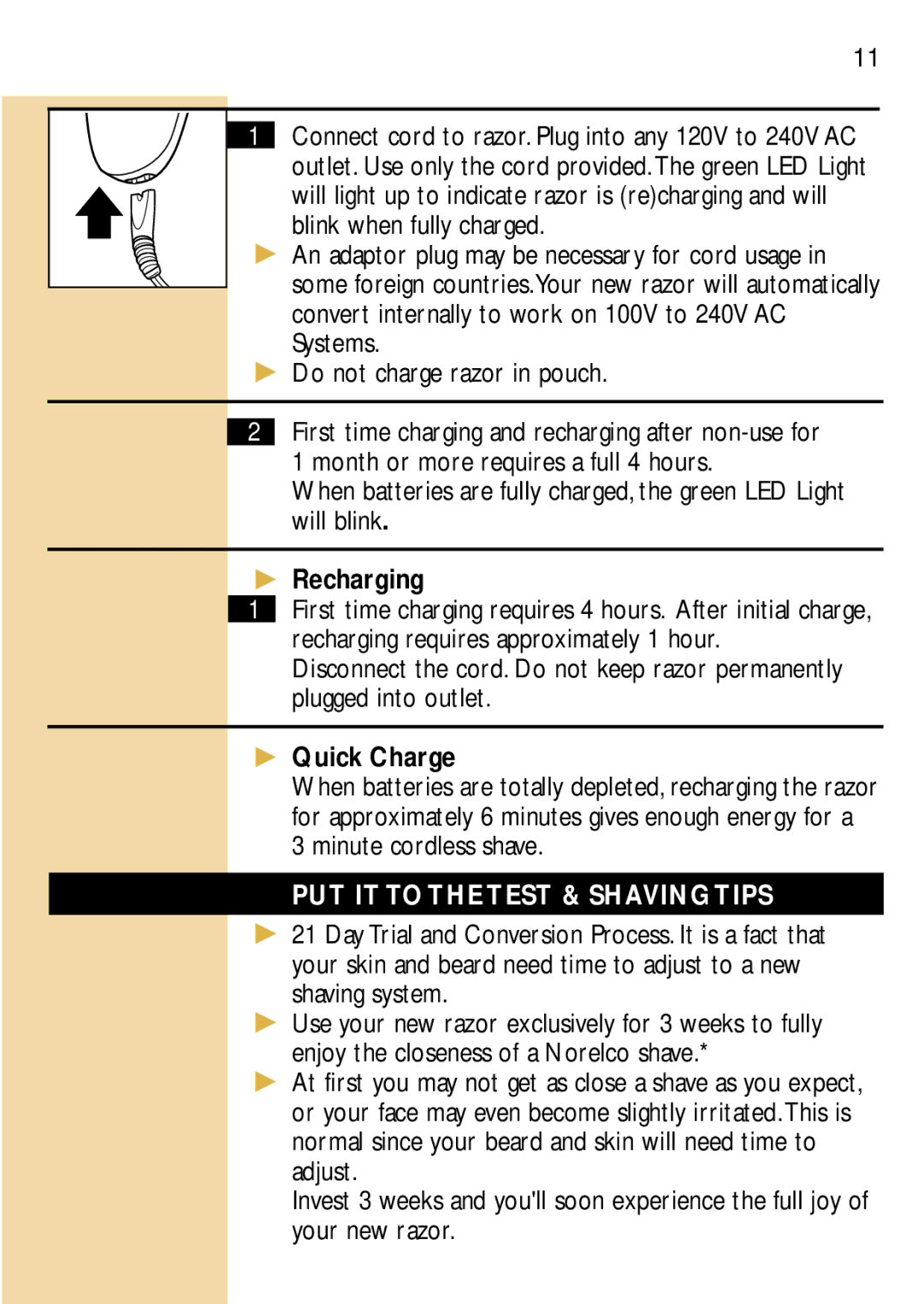 Philips 6848, 6846XL manual Recharging, Quick Charge, PUT IT to the Test & Shaving Tips 