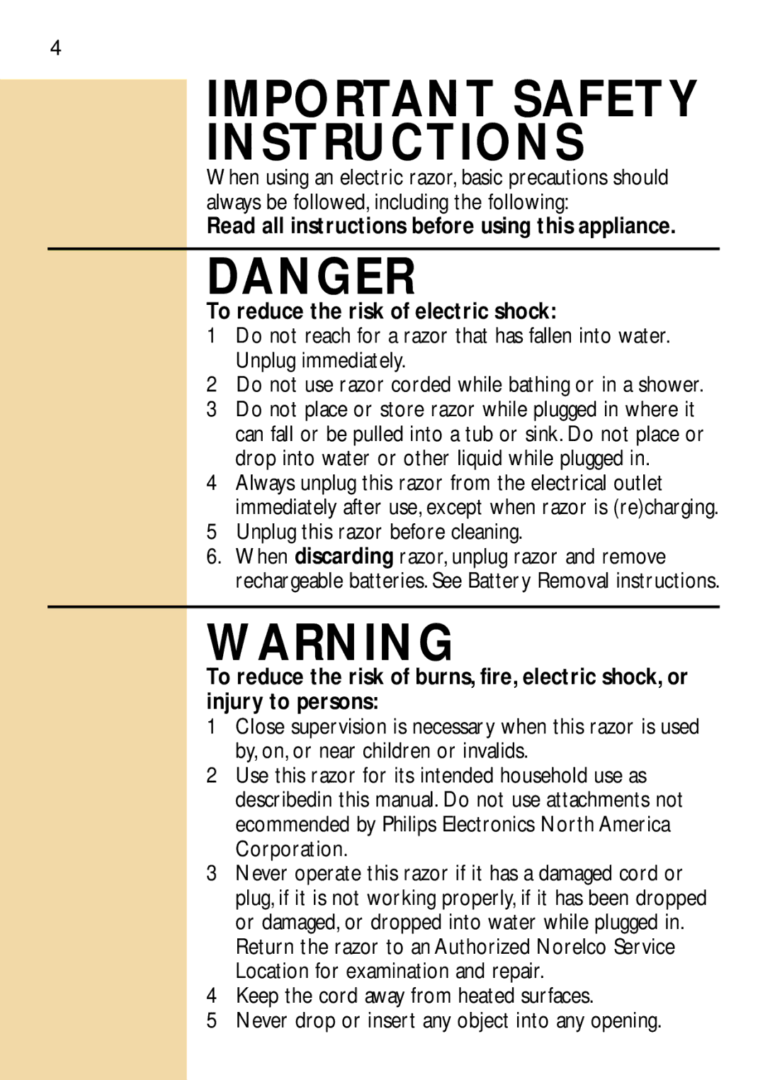 Philips 6846XL, 6848 manual Important Safety Instructions, Unplug this razor before cleaning 