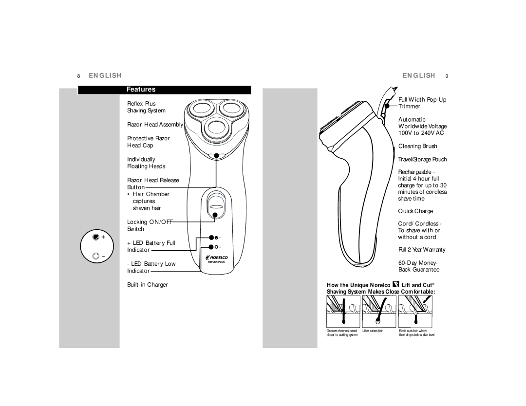 Philips 6856XL, 6853XL manual Features, Full Width Pop-Up Trimmer, Cleaning Brush Travel/Storage Pouch, Quick Charge 