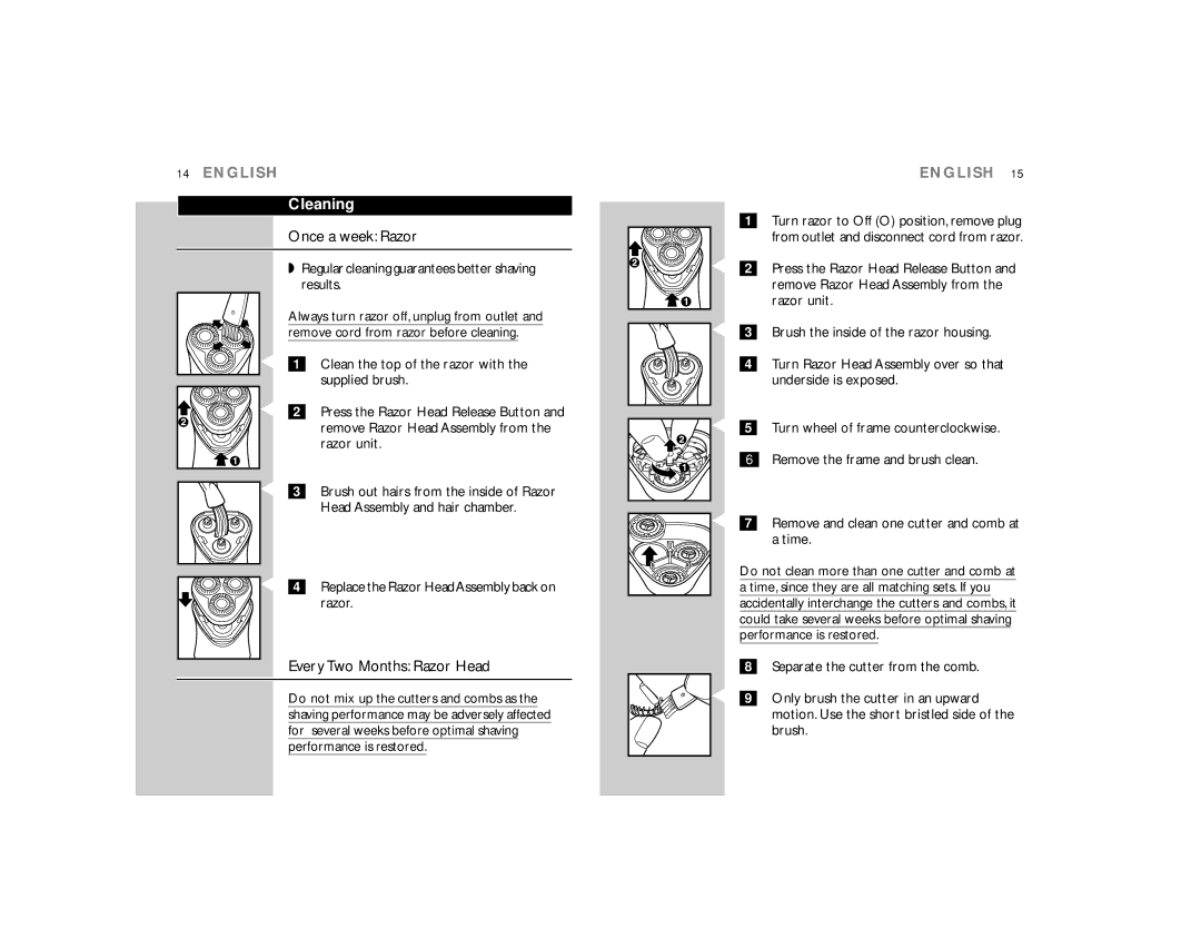 Philips 6853XL Regularcleaning guarantees better shaving results, Remove cord from razor before cleaning, Supplied brush 