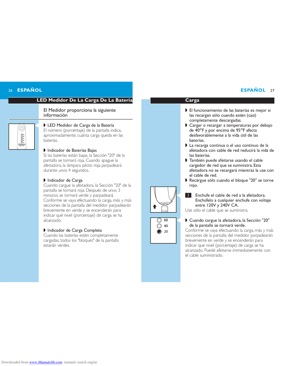 Philips 6863XL manual LED Medidor De La Carga De La Batería, El Medidor proporciona la siguiente información 