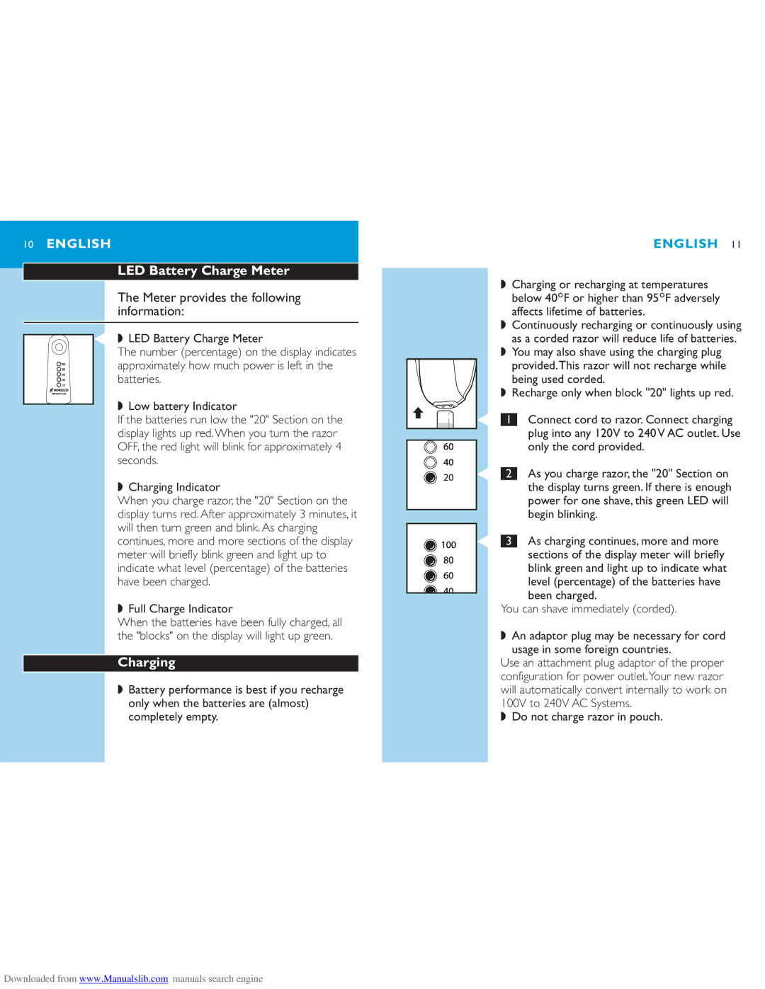 Philips 6863XL manual LED Battery Charge Meter, Meter provides the following information, Charging 