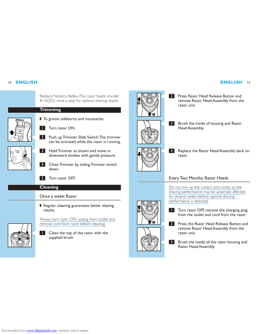 Philips 6863XL manual Trimming, Cleaning, Once a week Razor, Every Two Months Razor Heads 