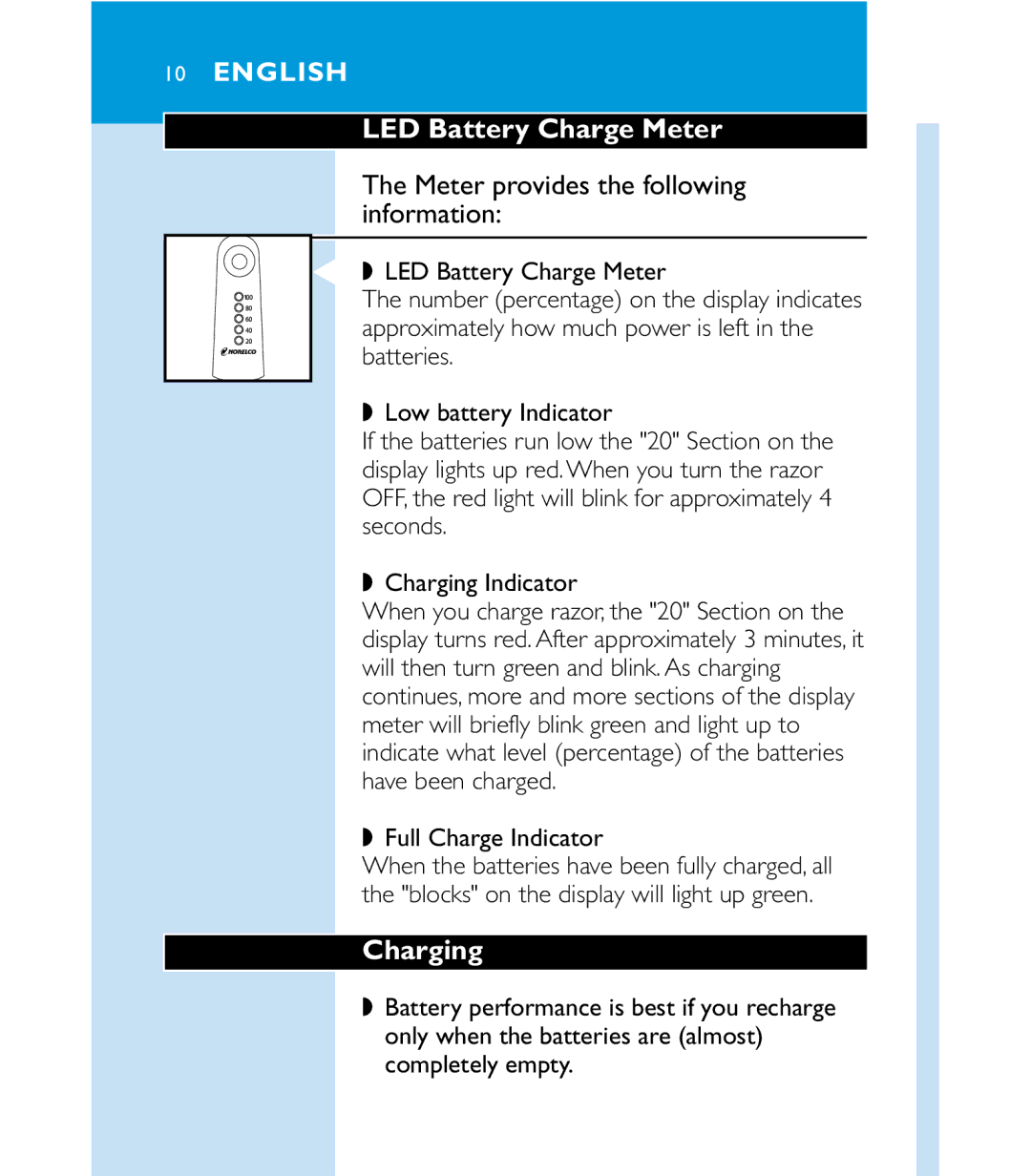 Philips 6863XL manual LED Battery Charge Meter, Meter provides the following information, Charging, Full Charge Indicator 