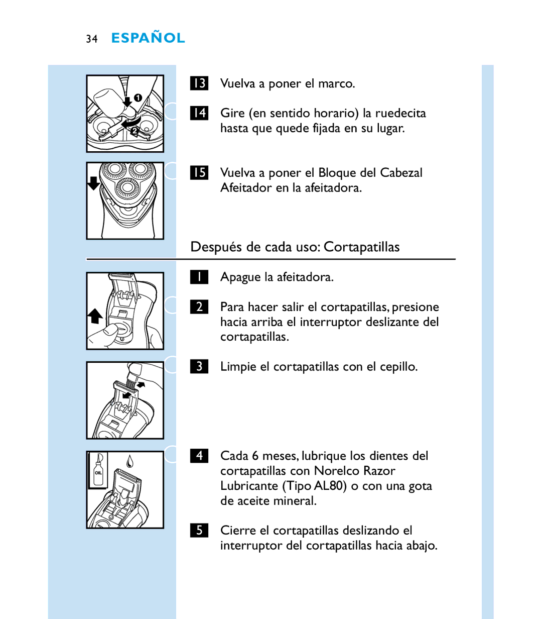 Philips 6863XL manual Después de cada uso Cortapatillas, Vuelva a poner el marco 
