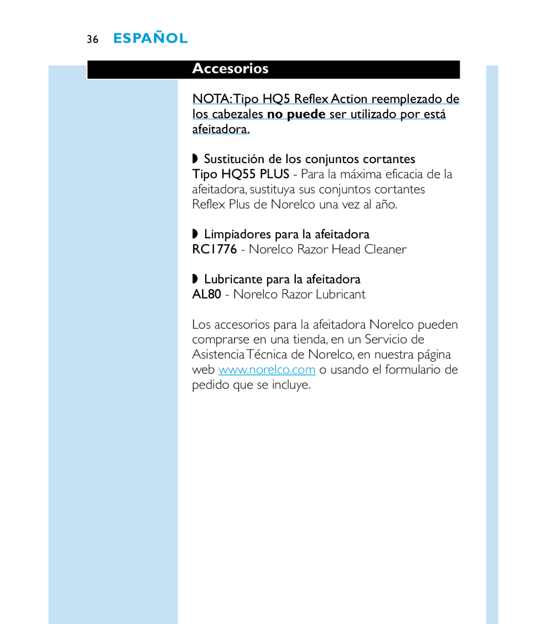 Philips 6863XL manual Accesorios, Lubricante para la afeitadora AL80 Norelco Razor Lubricant 