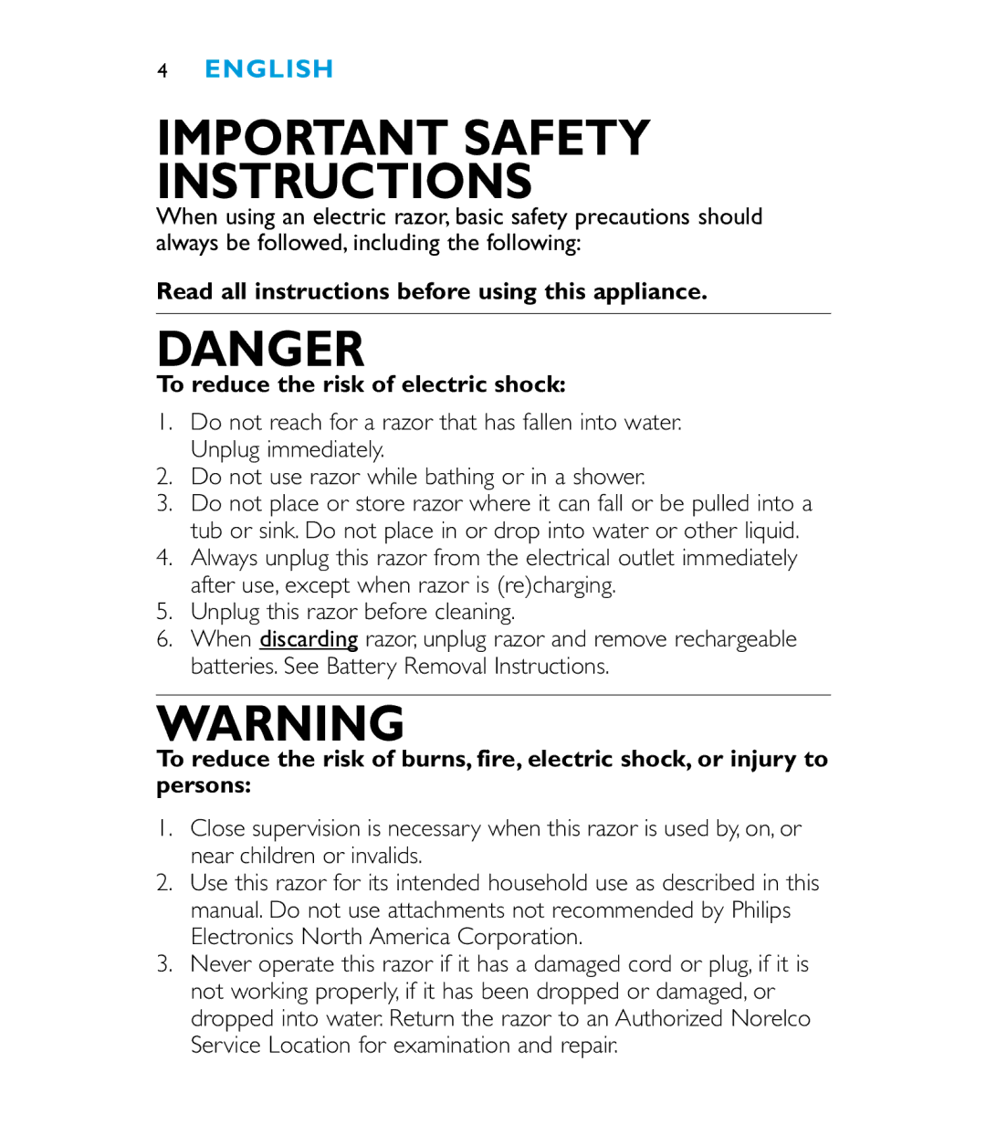 Philips 6863XL manual Important Safety Instructions, Unplug this razor before cleaning 