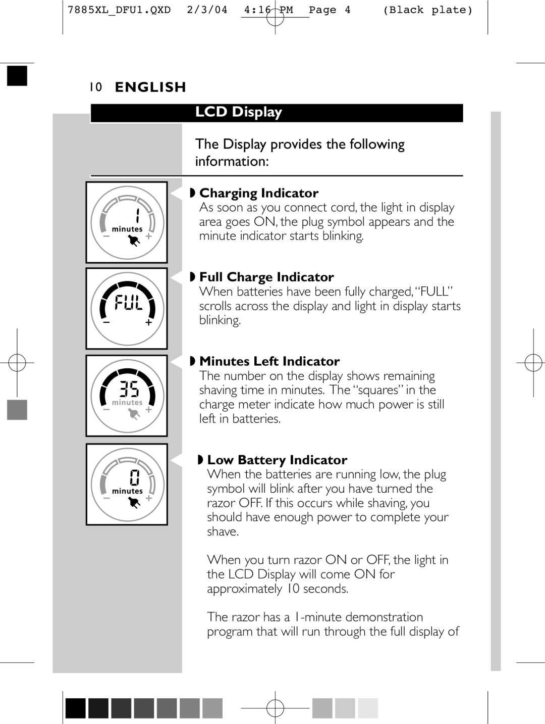 Philips 6887XL manual LCD Display, Charging Indicator, Full Charge Indicator, Minutes Left Indicator, Low Battery Indicator 