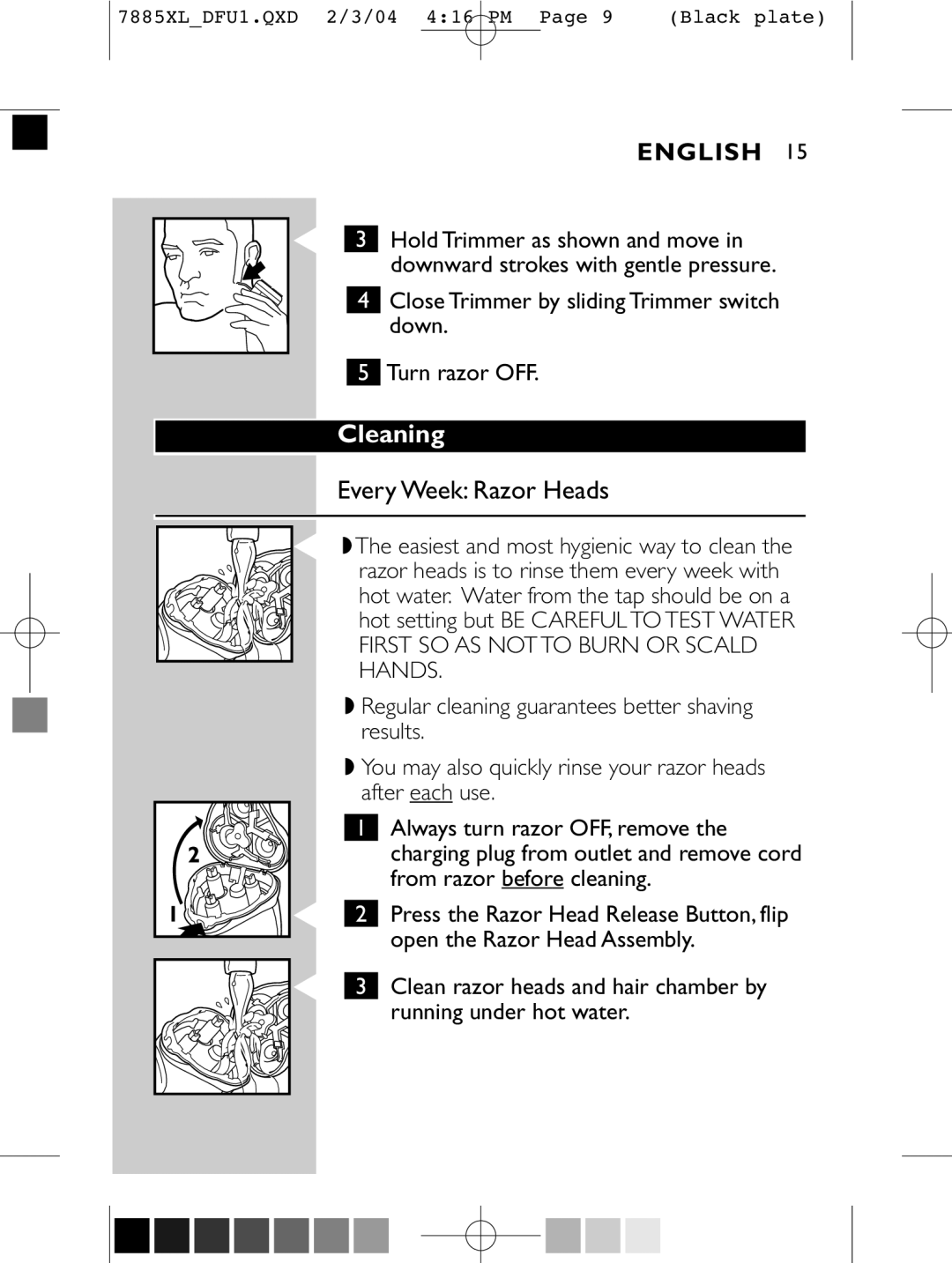 Philips 6887XL, 6885XL, 7885XL, 6886XL, 7886XL manual Cleaning, Close Trimmer by sliding Trimmer switch down Turn razor OFF 