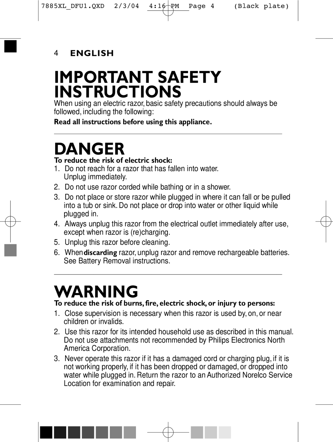 Philips 7886XL, 6887XL, 6885XL, 7885XL, 6886XL manual Important Safety Instructions 