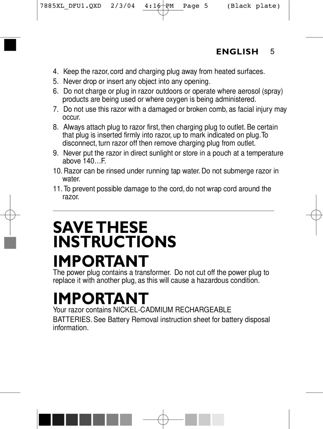 Philips 6887XL, 6885XL, 7885XL, 6886XL, 7886XL manual Save These Instructions 