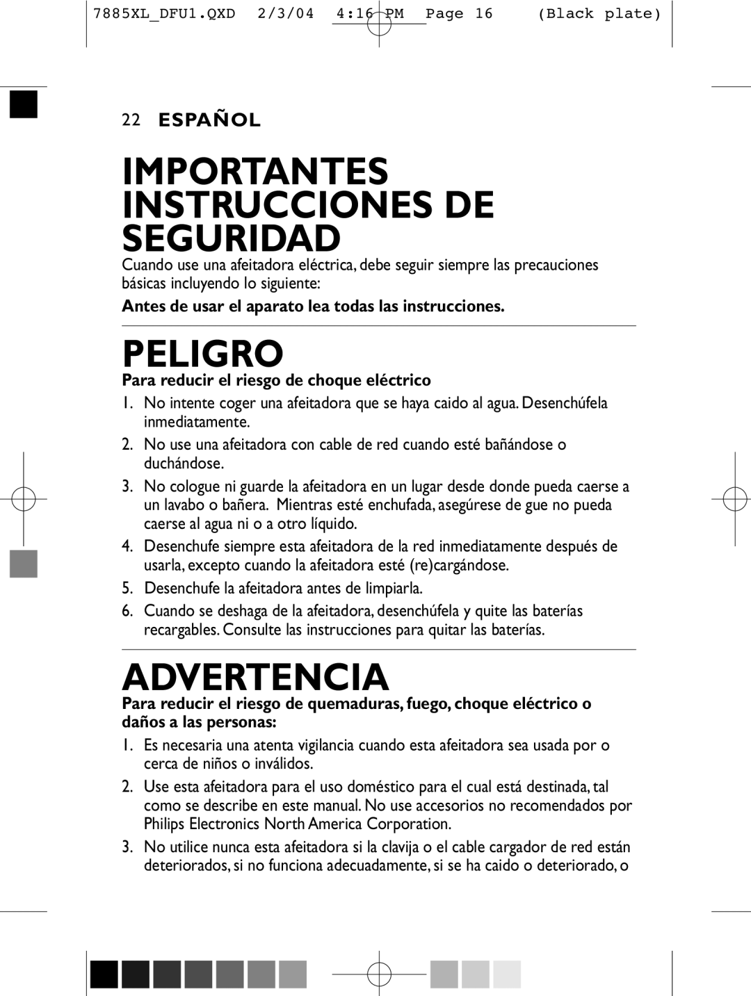 Philips 7885XL, 6887XL, 6885XL, 6886XL, 7886XL manual Importantes Instrucciones De Seguridad, Peligro, Advertencia, Español 