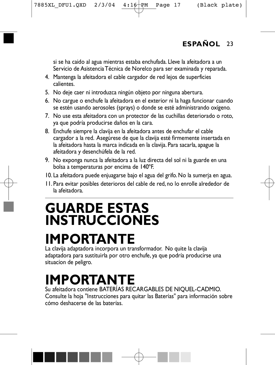 Philips 6886XL, 6887XL, 6885XL, 7885XL, 7886XL manual Guarde Estas Instrucciones Importante, Español 