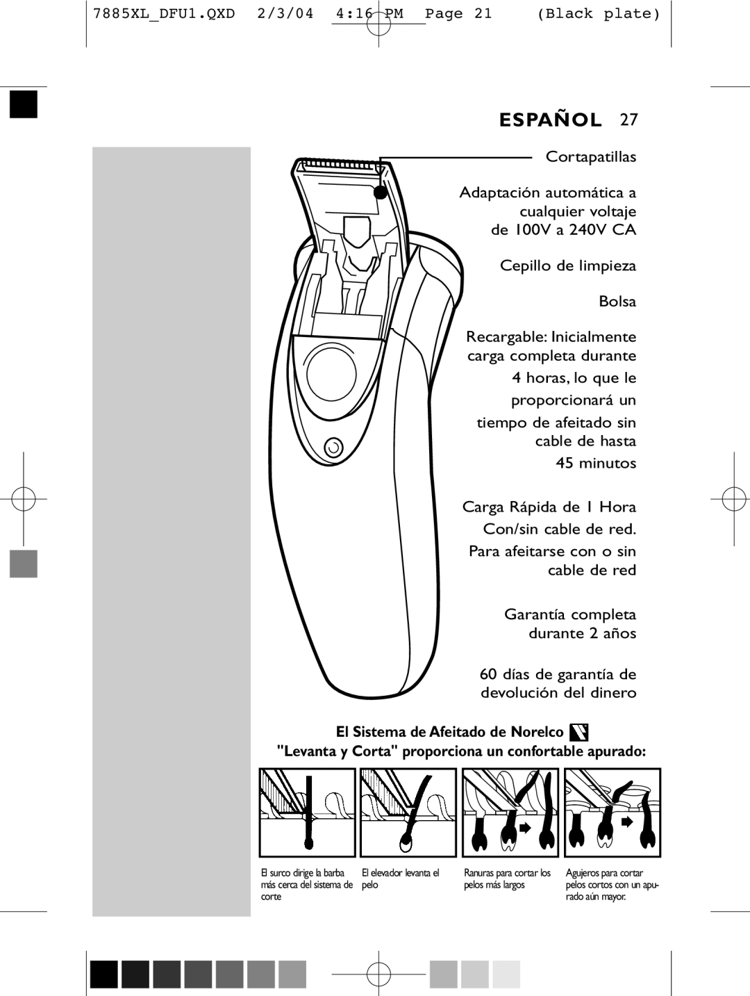 Philips 7885XL, 6887XL manual Español, El Sistema de Afeitado de Norelco, Levanta y Corta proporciona un confortable apurado 