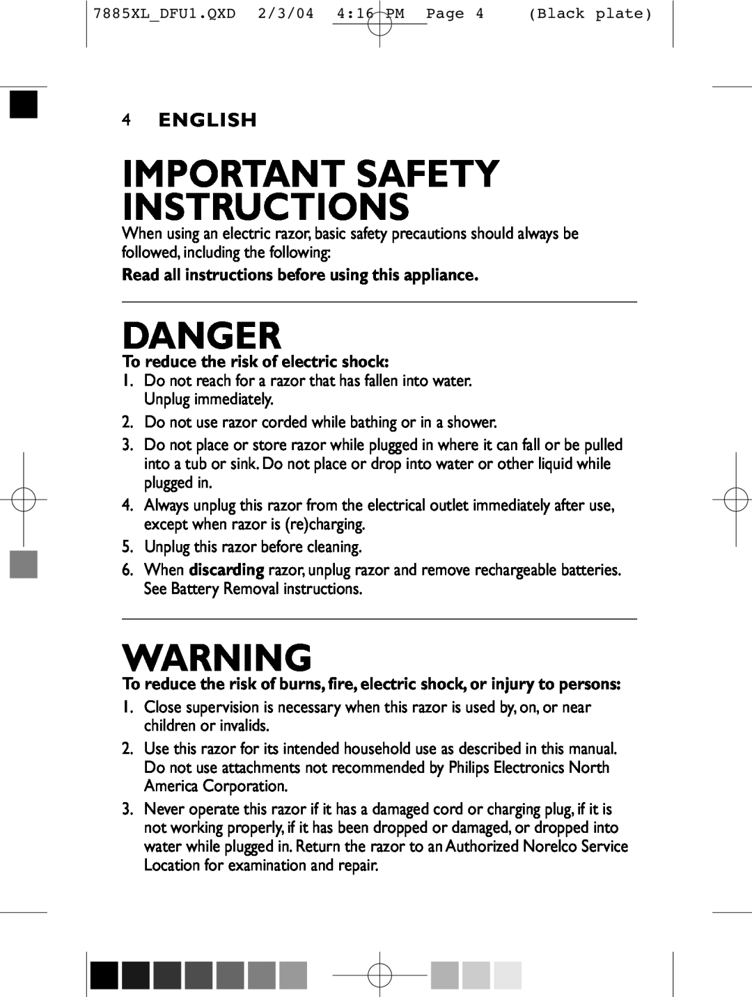 Philips 7886XL, 6887XL Important Safety Instructions, Danger, English, Read all instructions before using this appliance 