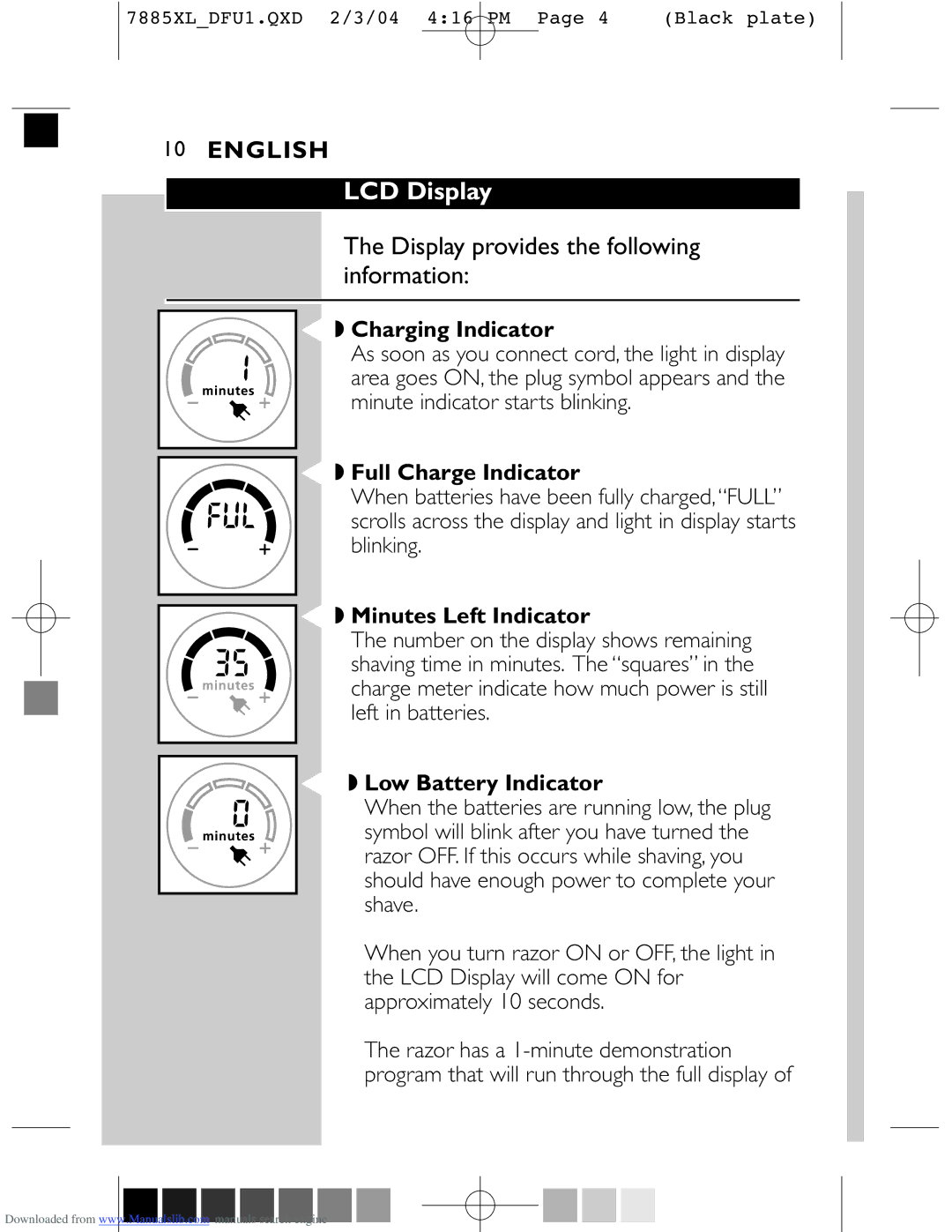 Philips 7885XL manual LCD Display, Charging Indicator, Full Charge Indicator, Minutes Left Indicator, Low Battery Indicator 