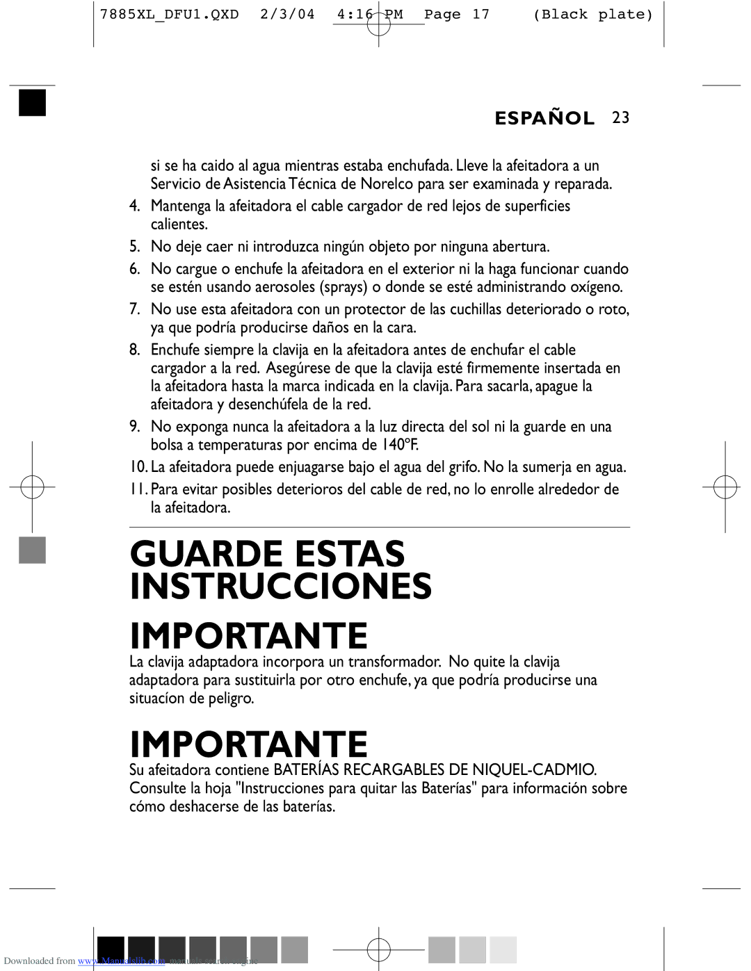 Philips 6886XL, 6887XL, 6885XL, 7885XL manual Guarde Estas Instrucciones Importante 