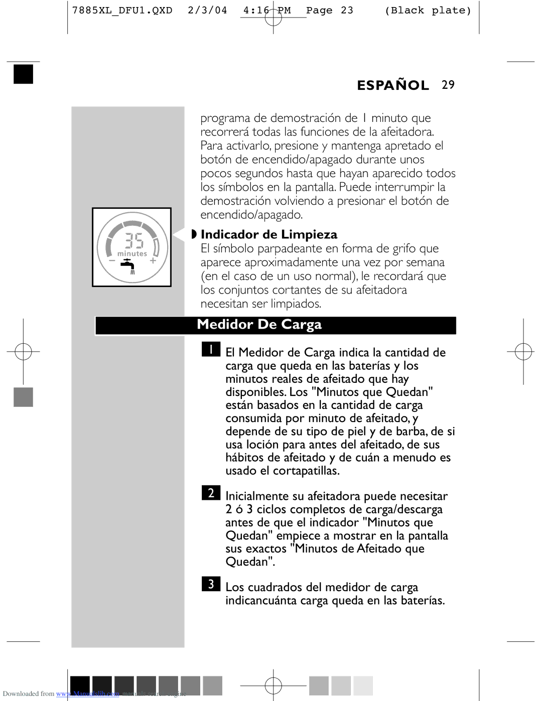 Philips 6885XL, 6887XL, 7885XL, 6886XL manual Medidor De Carga, Indicador de Limpieza 