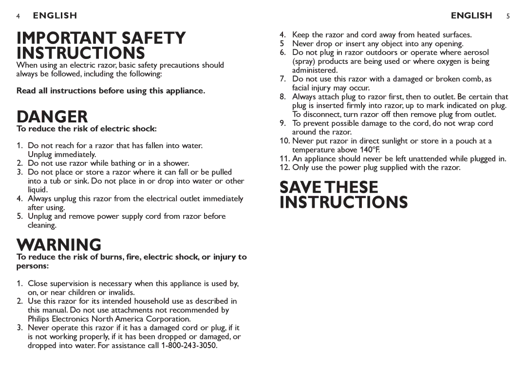 Philips 6900LC manual IMportant Safety Instructions, Only use the power plug supplied with the razor 