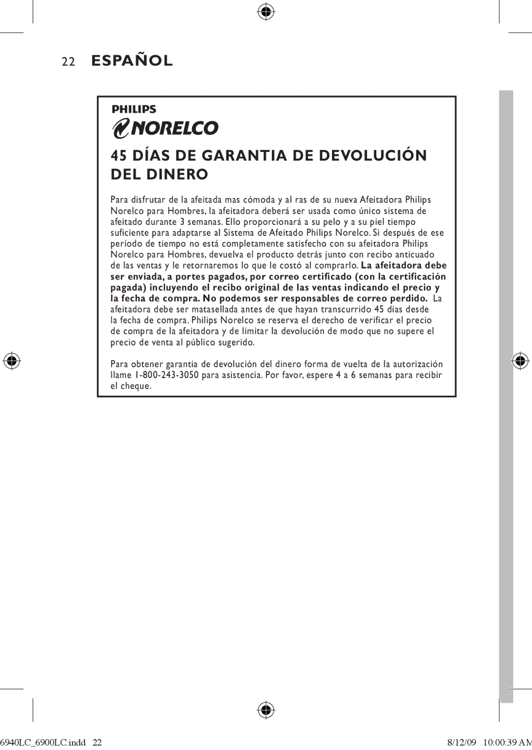 Philips 6900LC manual Español 45 Días DE Garantia DE Devolución DEL Dinero 