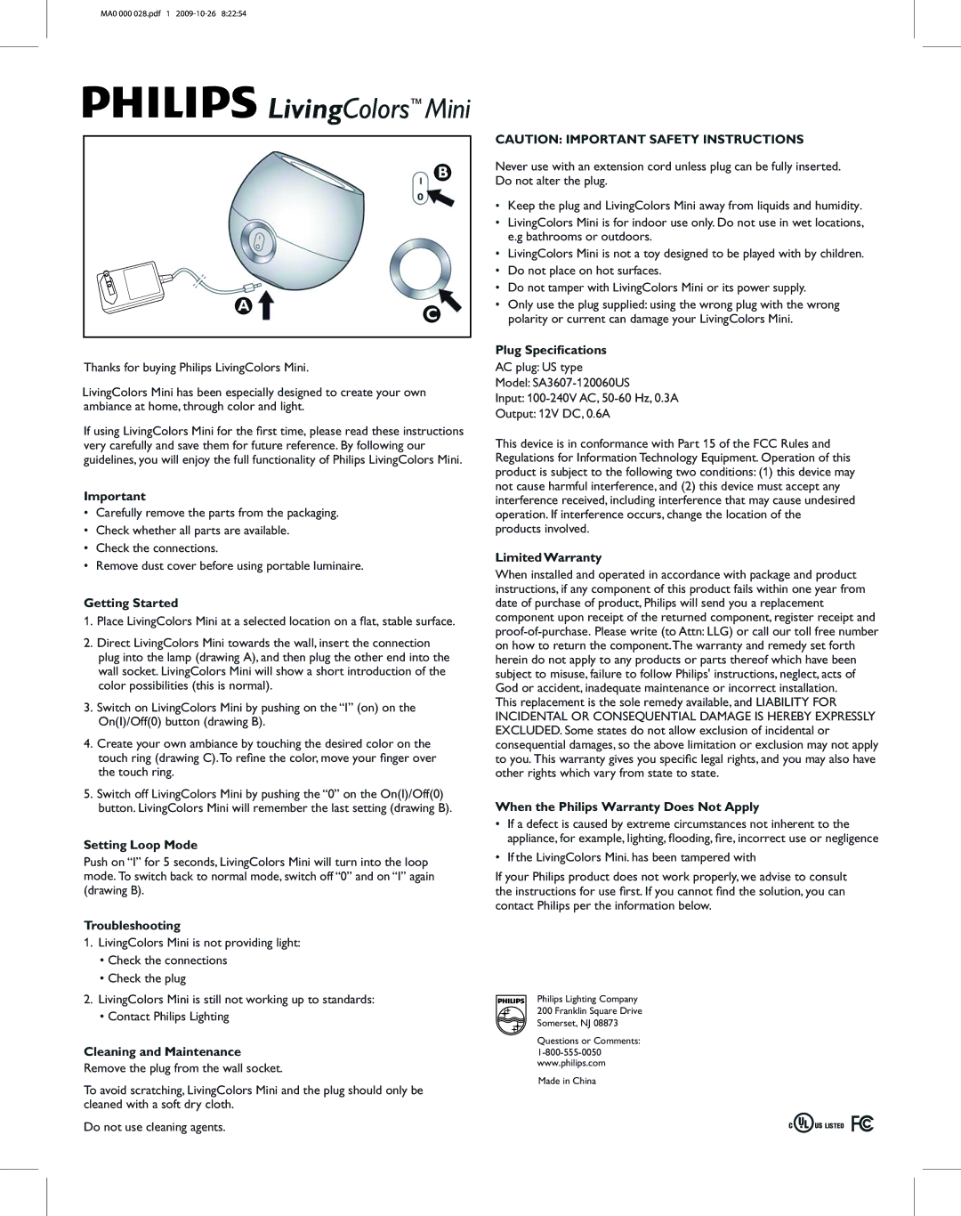 Philips 691503148 important safety instructions LivingColors Mini 