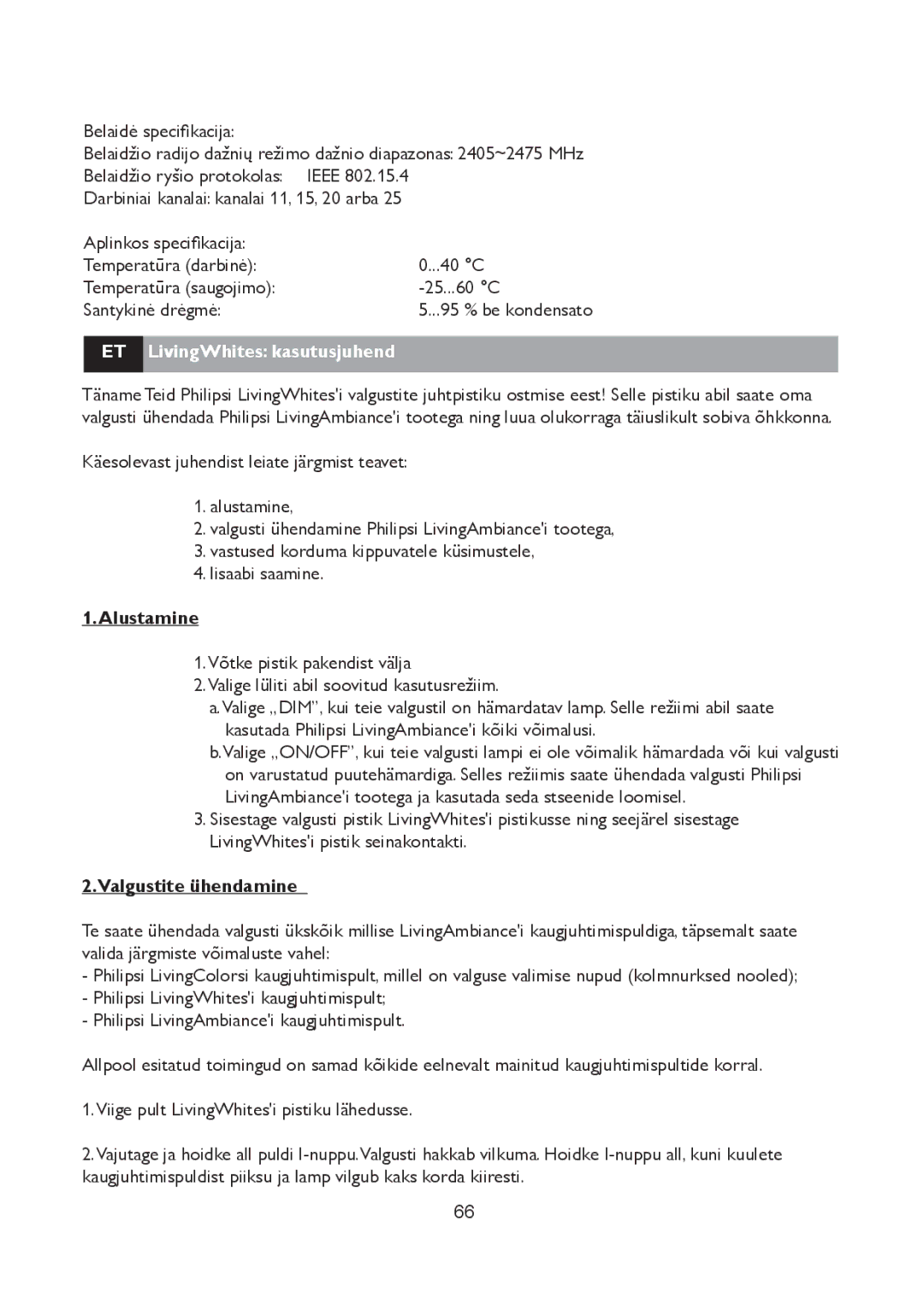 Philips 69165/31 manual ET LivingWhites kasutusjuhend, Alustamine, Valgustite ühendamine 