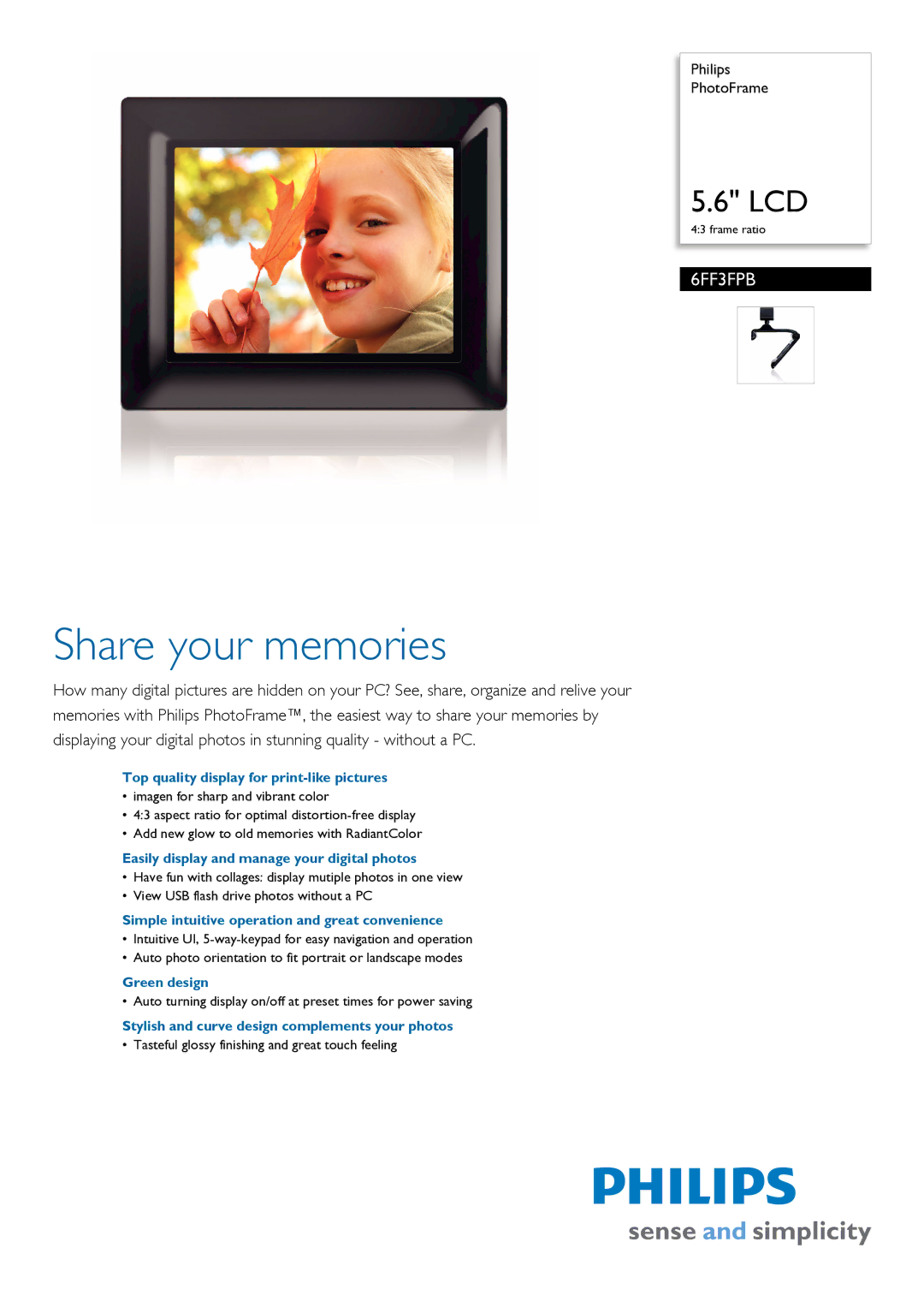 Philips 6FF3FPB/37 manual Top quality display for print-like pictures, Easily display and manage your digital photos 