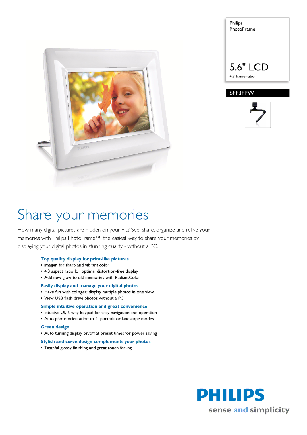 Philips 6FF3FPW/37 manual Top quality display for print-like pictures, Easily display and manage your digital photos 