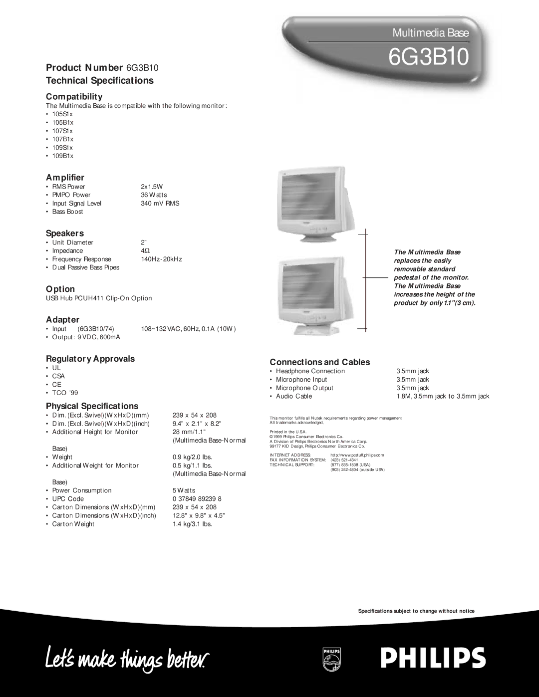 Philips manual Product Number 6G3B10 Technical Specifications 