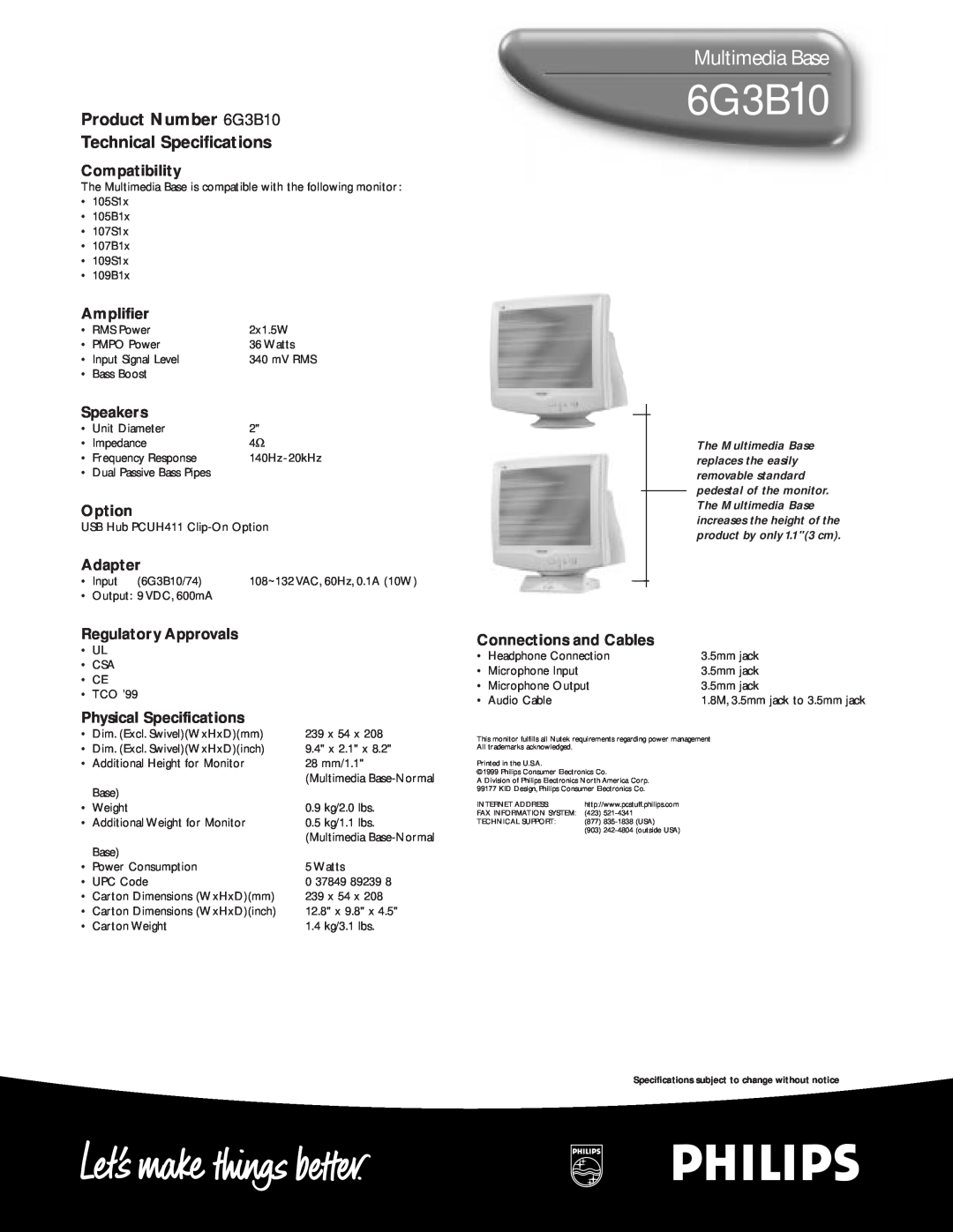 Philips Multimedia Base, Product Number 6G3B10 Technical Specifications, Compatibility, Amplifier, Speakers, Option 