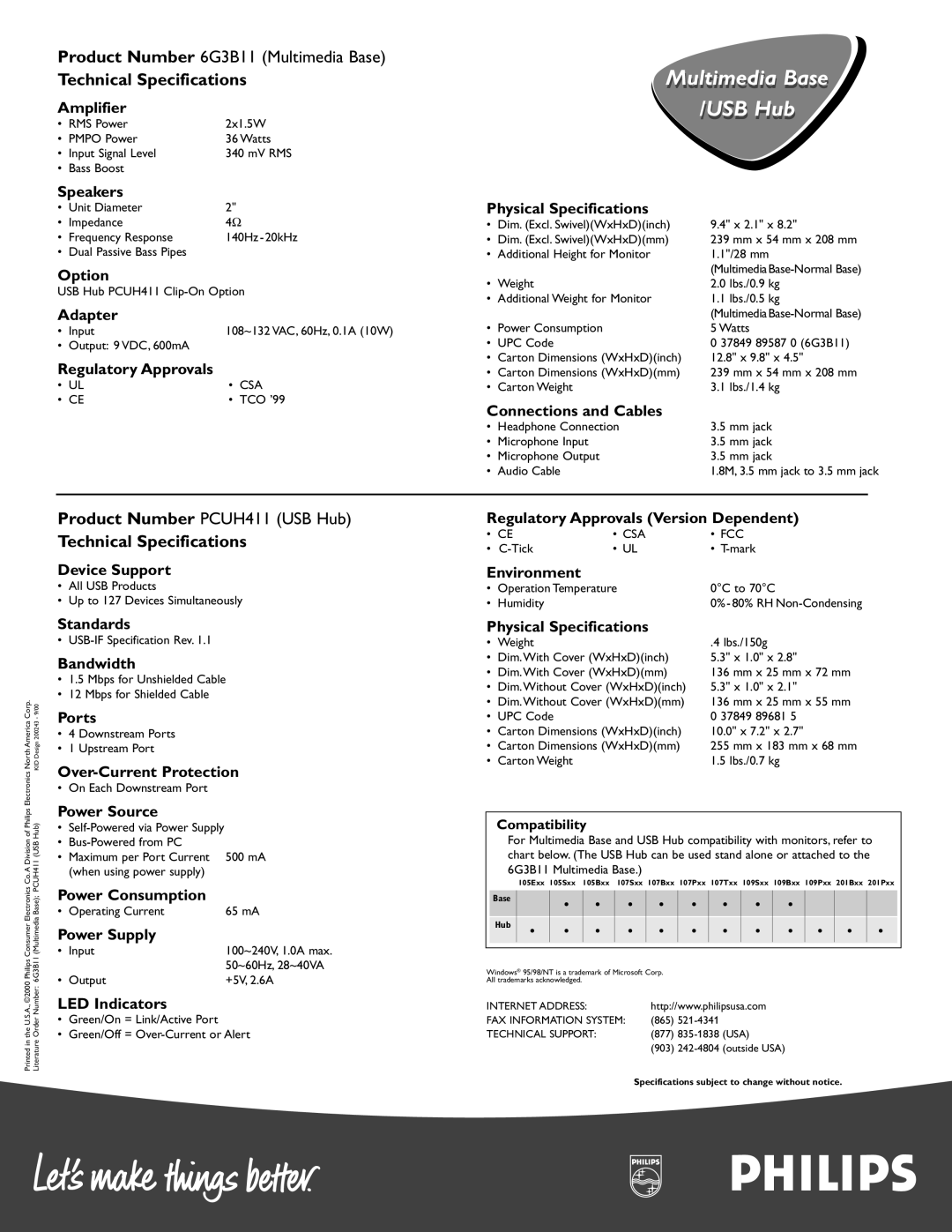 Philips 6G3B11 Amplifier, Speakers, Option, Adapter, Regulatory Approvals, Device Support, Standards, Bandwidth, Ports 