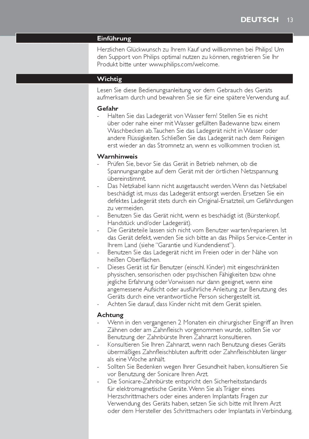 Philips 700 Series manual Einführung Wichtig, Gefahr, Warnhinweis, Achtung 