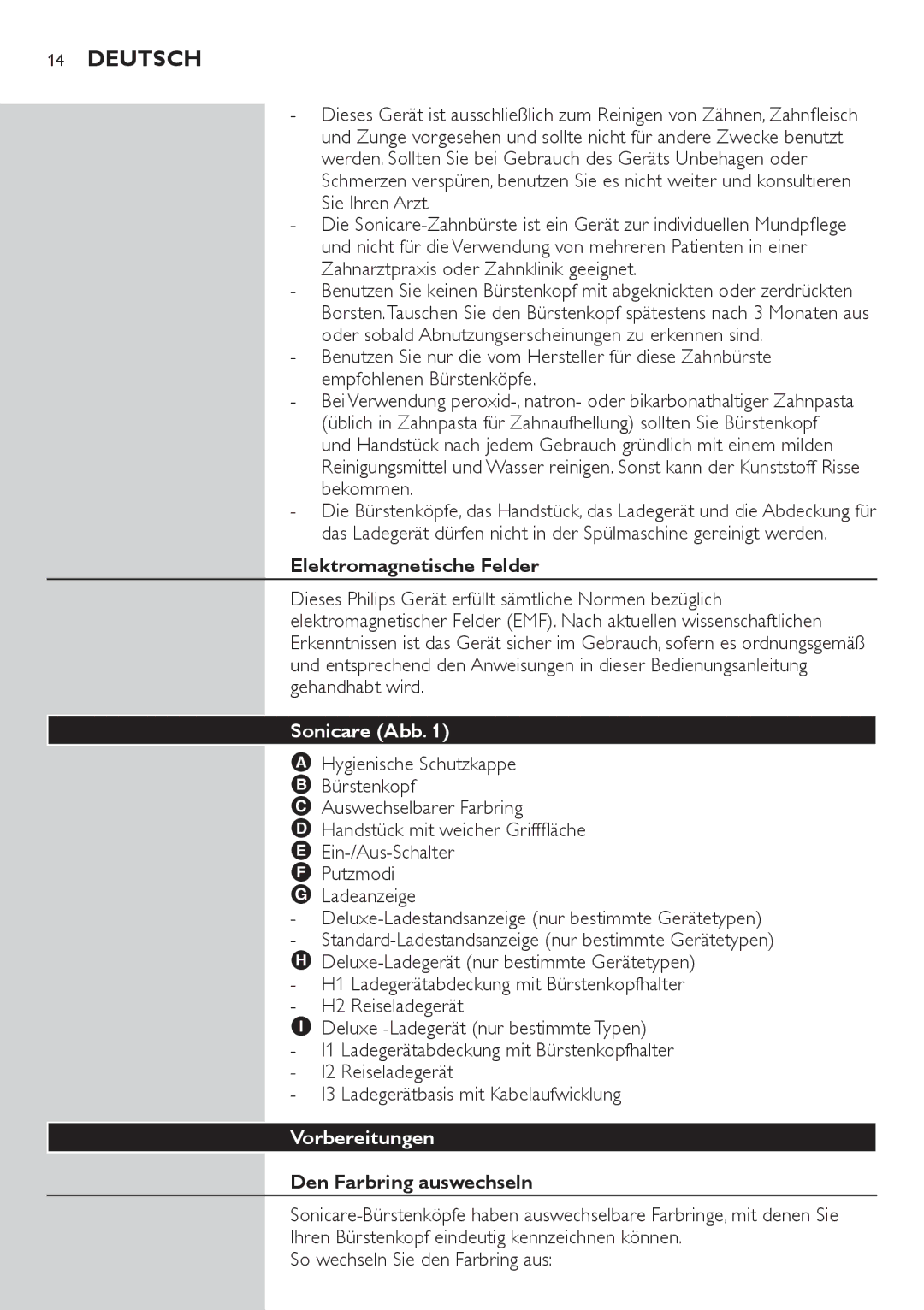 Philips 700 Series manual Zahnarztpraxis oder Zahnklinik geeignet, Elektromagnetische Felder, Sonicare Abb, Vorbereitungen 