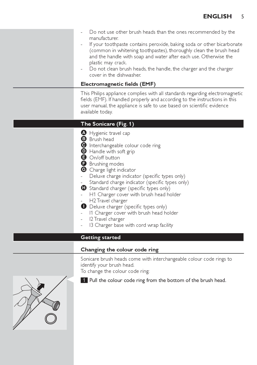 Philips 700 Series manual Electromagnetic fields EMF, Sonicare Fig, Getting started, Changing the colour code ring 