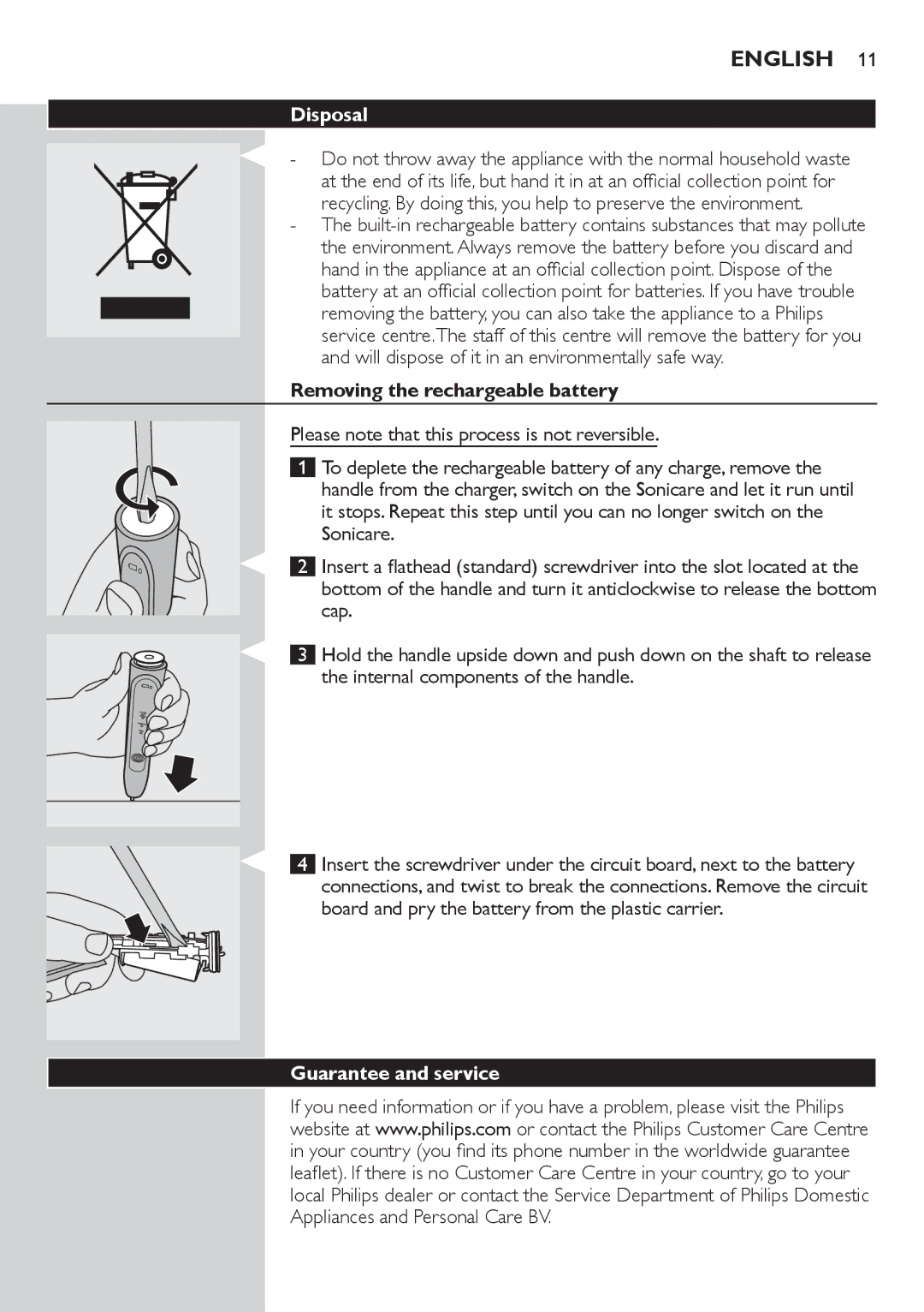 Philips 700 manual Disposal, Removing the rechargeable battery, Guarantee and service 