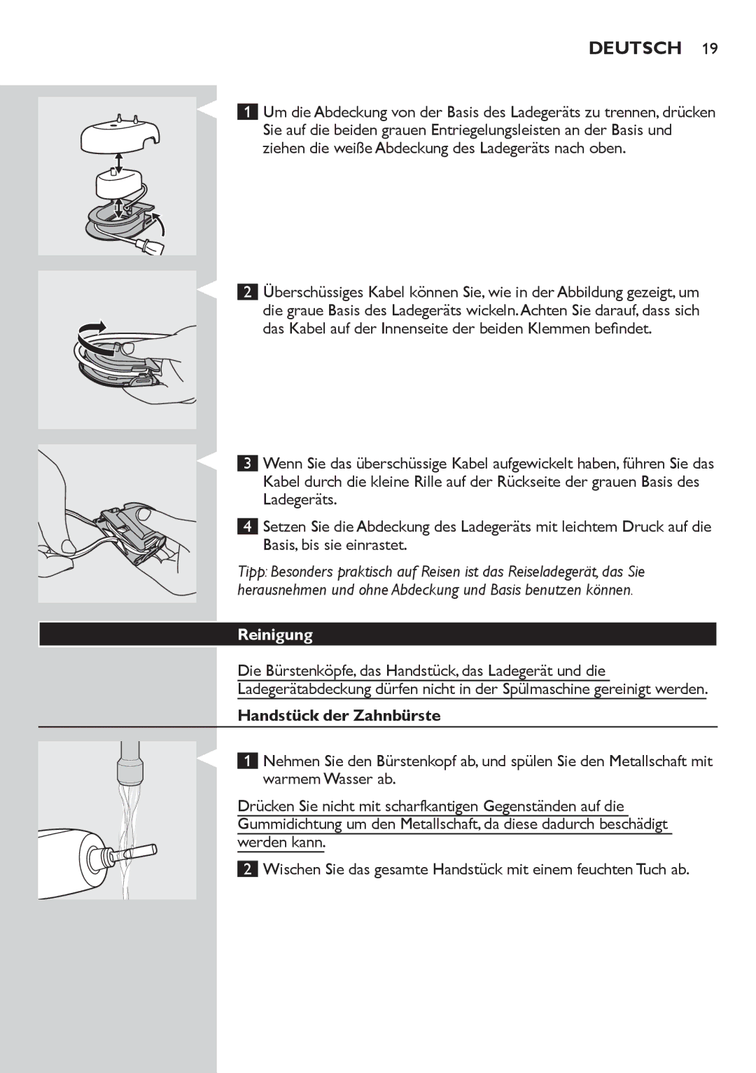 Philips 700 manual Reinigung, Handstück der Zahnbürste 