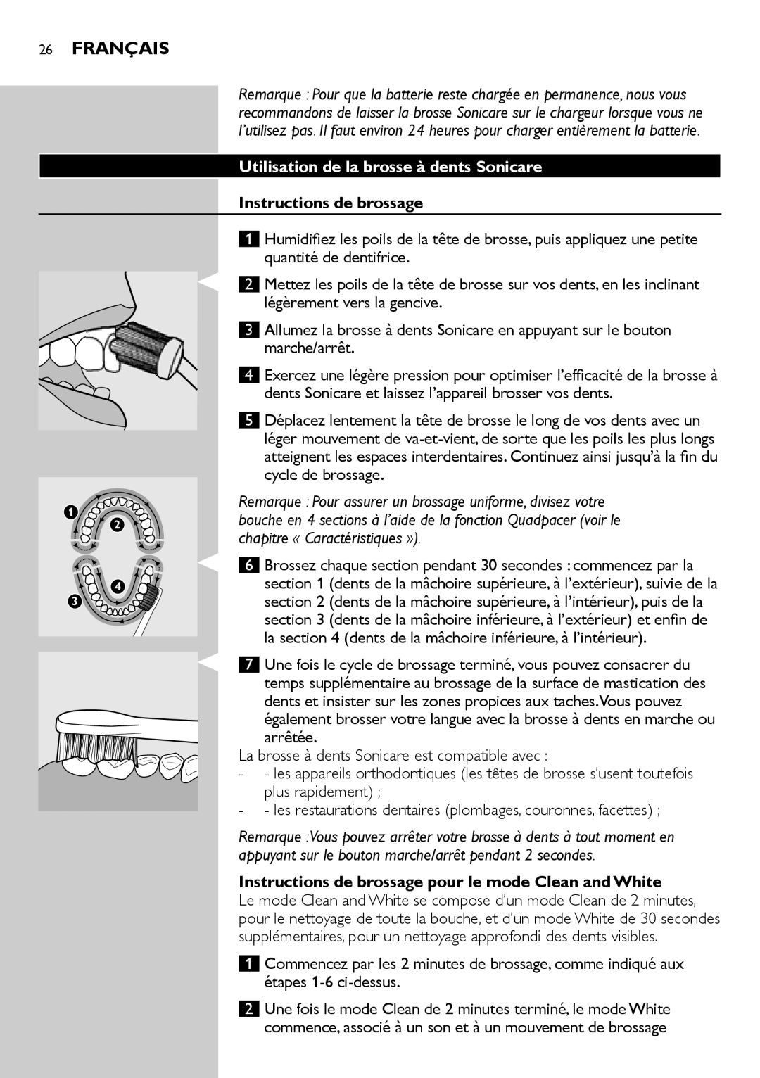 Philips 700 manual Utilisation de la brosse à dents Sonicare, Instructions de brossage 