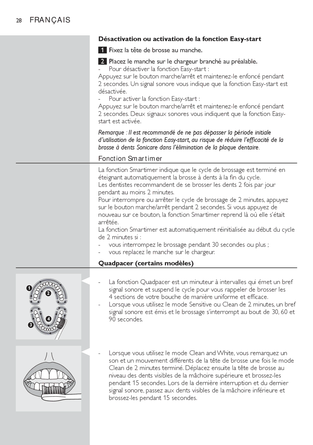 Philips 700 manual Désactivation ou activation de la fonction Easy-start, Fonction Smartimer, Quadpacer certains modèles 