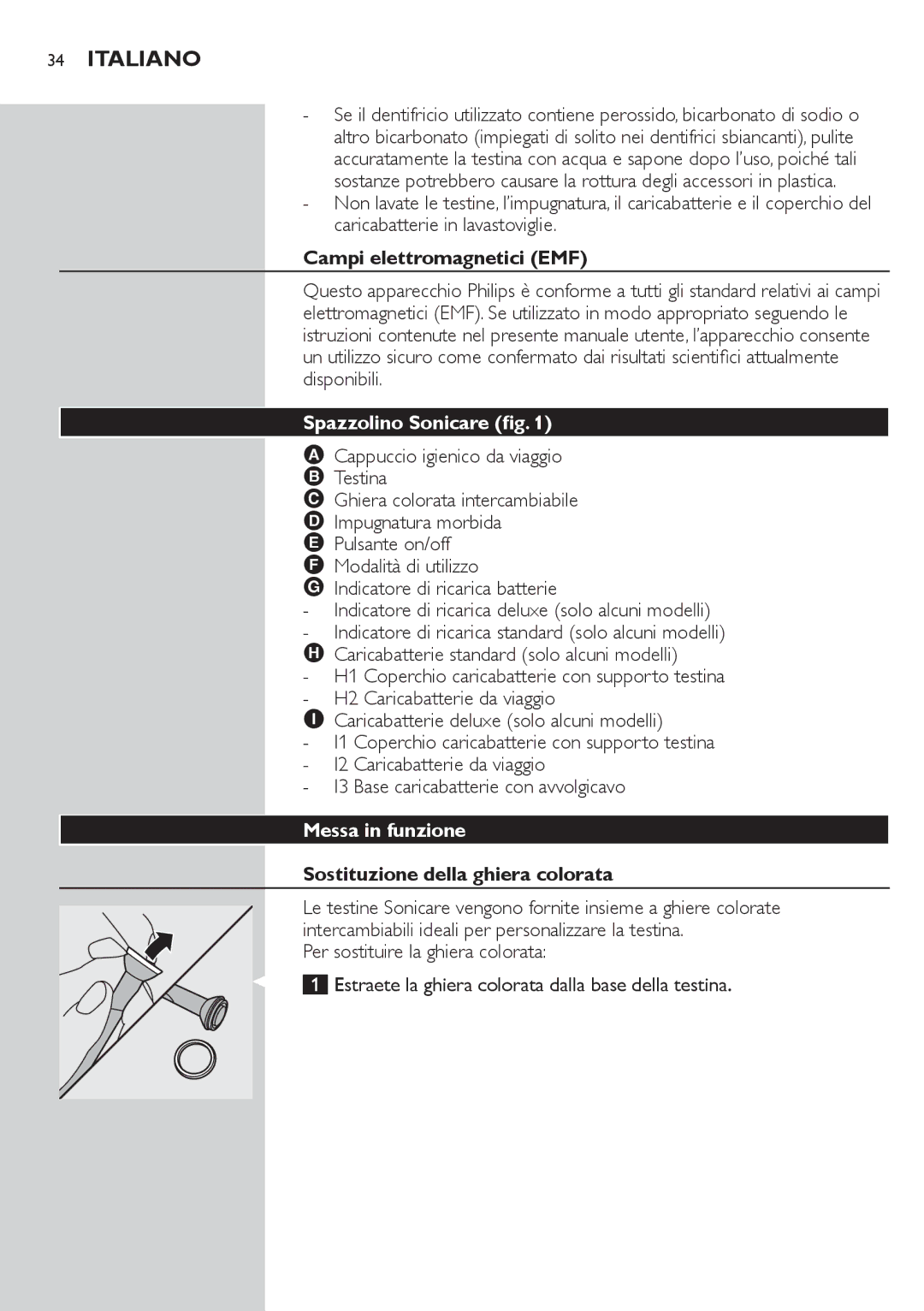 Philips 700 Campi elettromagnetici EMF, Spazzolino Sonicare fig, Messa in funzione, Sostituzione della ghiera colorata 