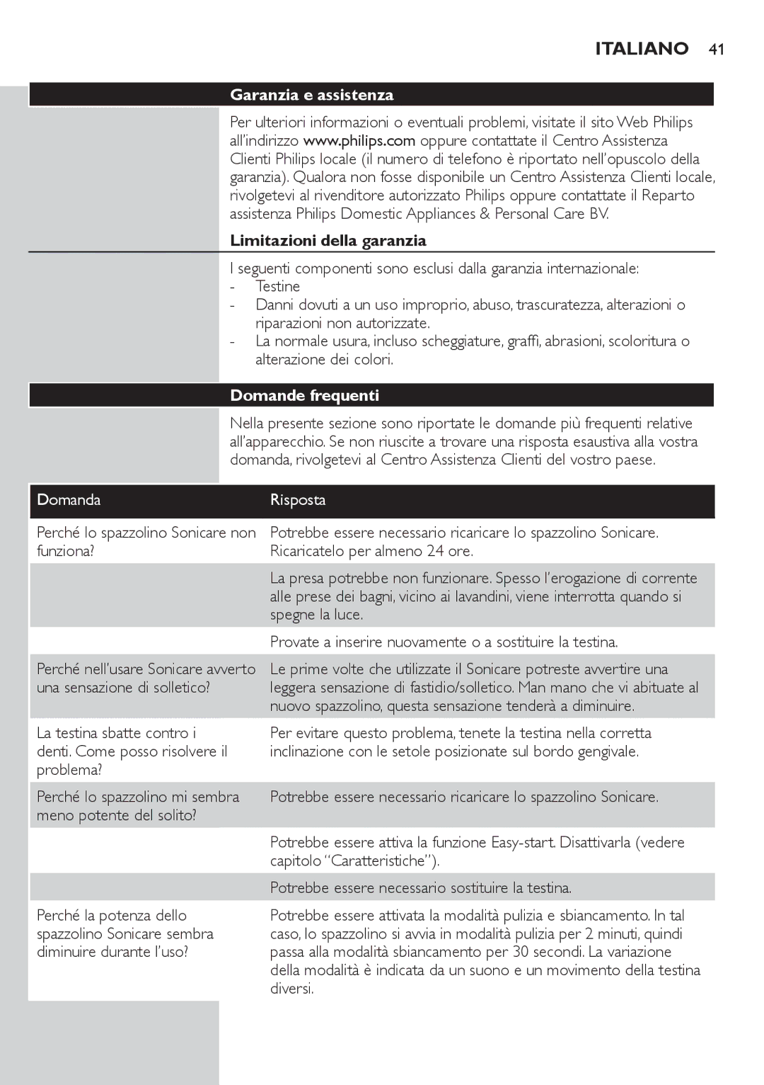 Philips 700 manual Garanzia e assistenza, Limitazioni della garanzia, Domande frequenti 