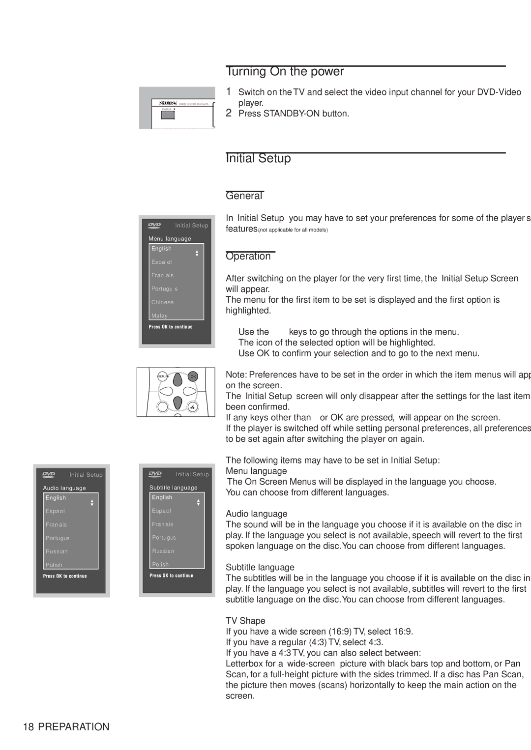 Philips 711 manual Turning On the power, Initial Setup, Operation 