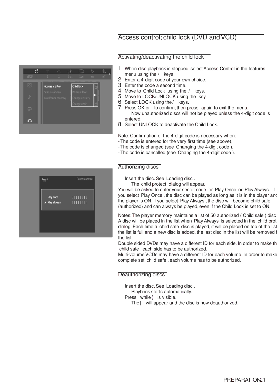 Philips 711 manual Access control child lock DVD and VCD, Activating/deactivating the child lock, Authorizing discs 