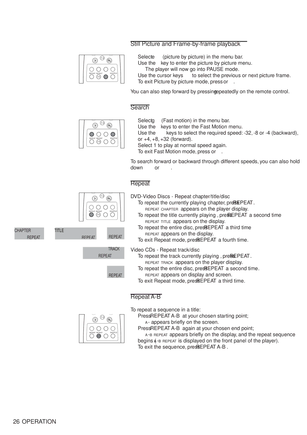 Philips 711 manual Still Picture and Frame-by-frame playback, Search, Repeat A-B 