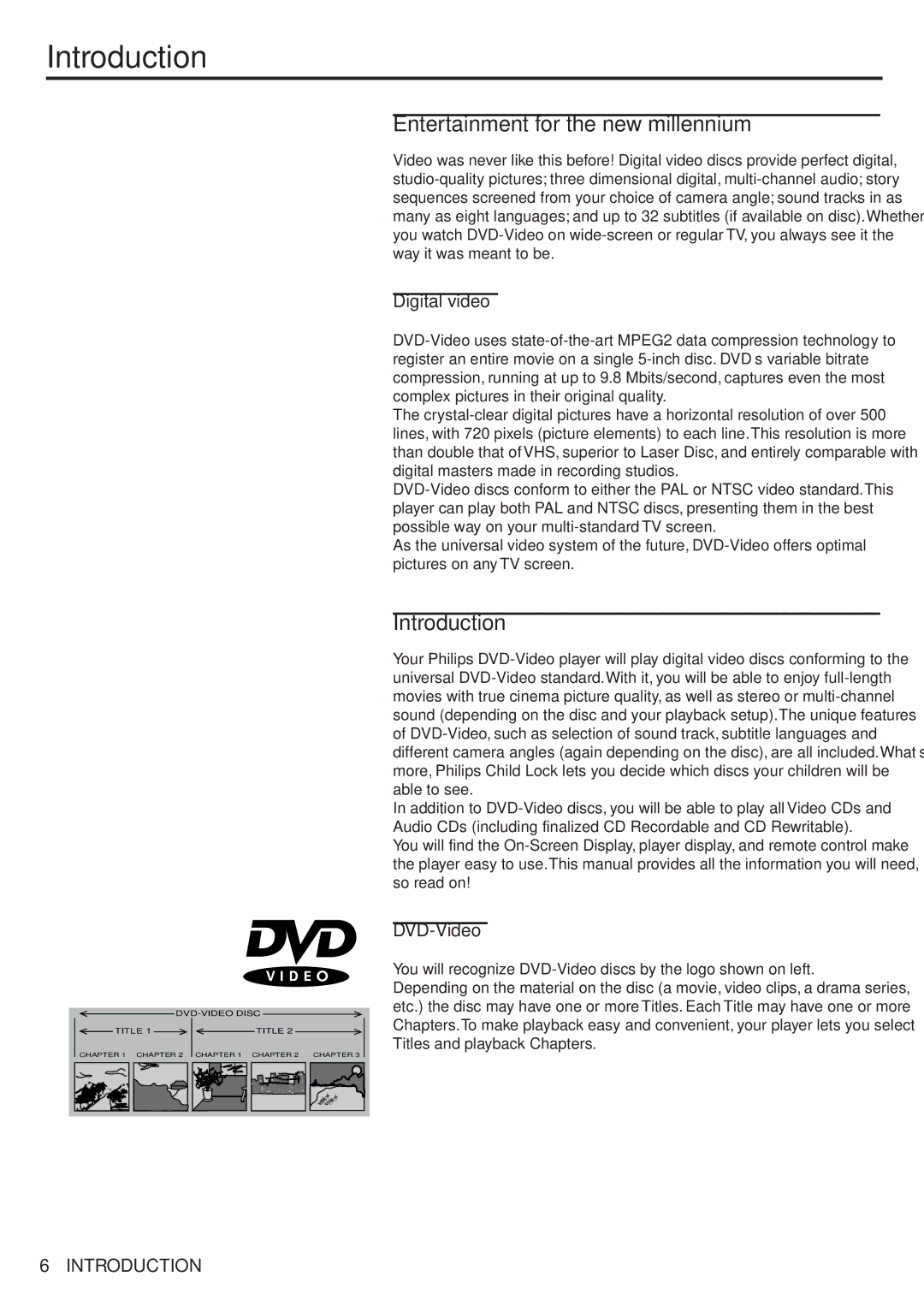 Philips 711 manual Introduction, Entertainment for the new millennium, Digital video, DVD-Video 