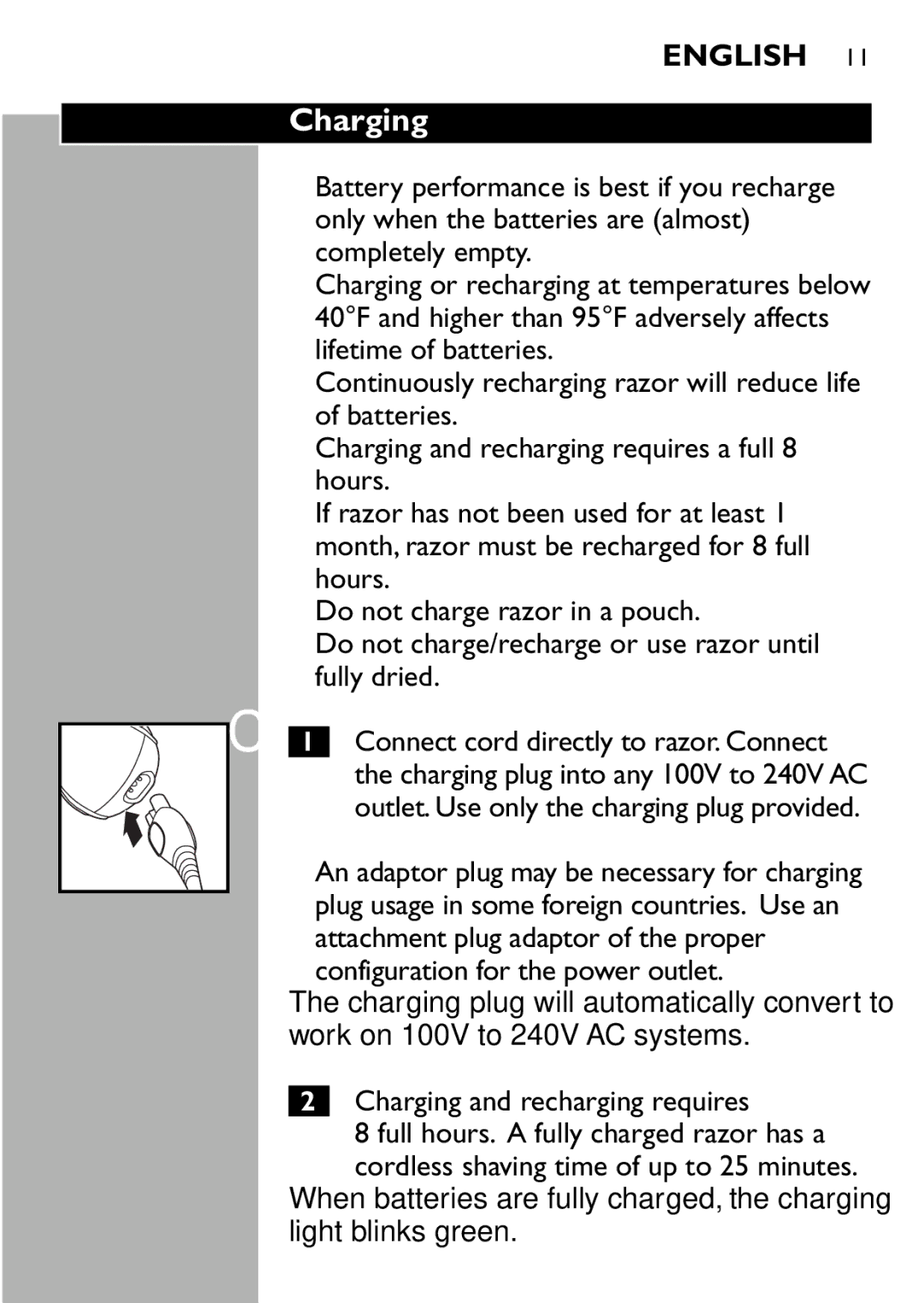 Philips 7110X, 7115X, 7120X, 7125X manual Charging, Configuration for the power outlet 