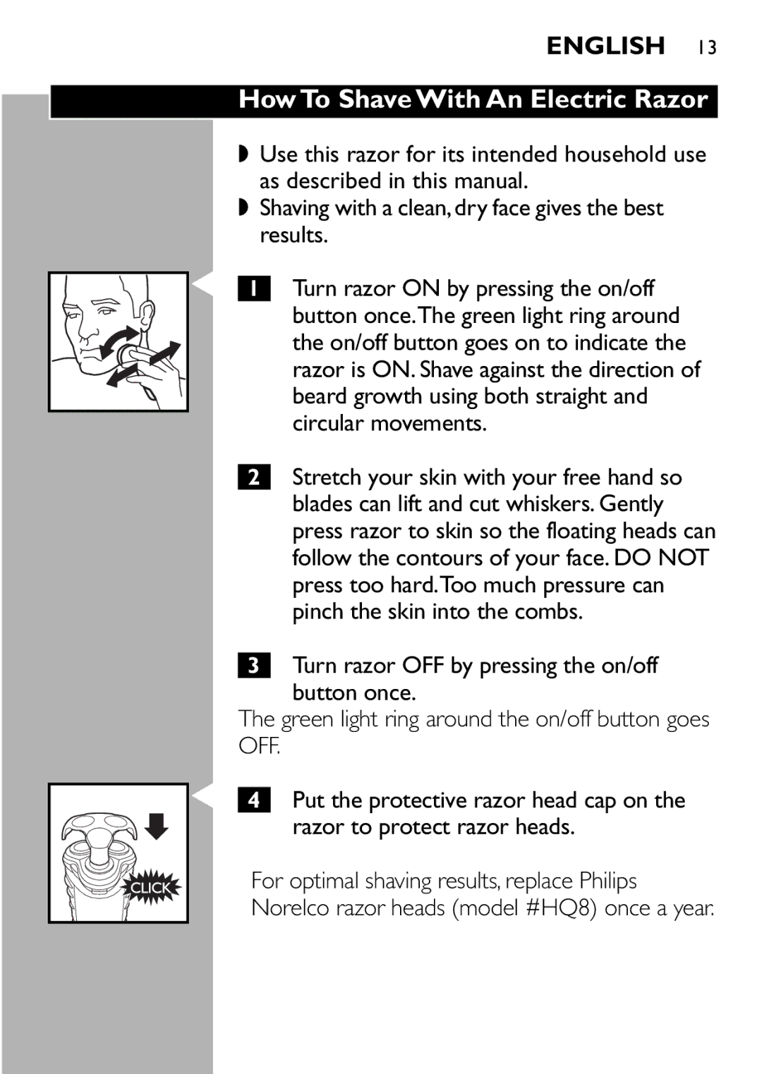 Philips 7120X, 7115X, 7125X, 7110X manual How To Shave With An Electric Razor 