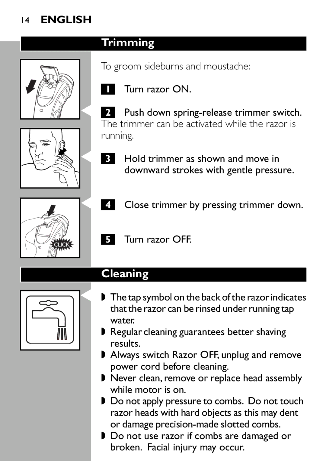 Philips 7125X, 7115X, 7120X, 7110X manual Trimming, Cleaning, Close trimmer by pressing trimmer down Turn razor OFF 