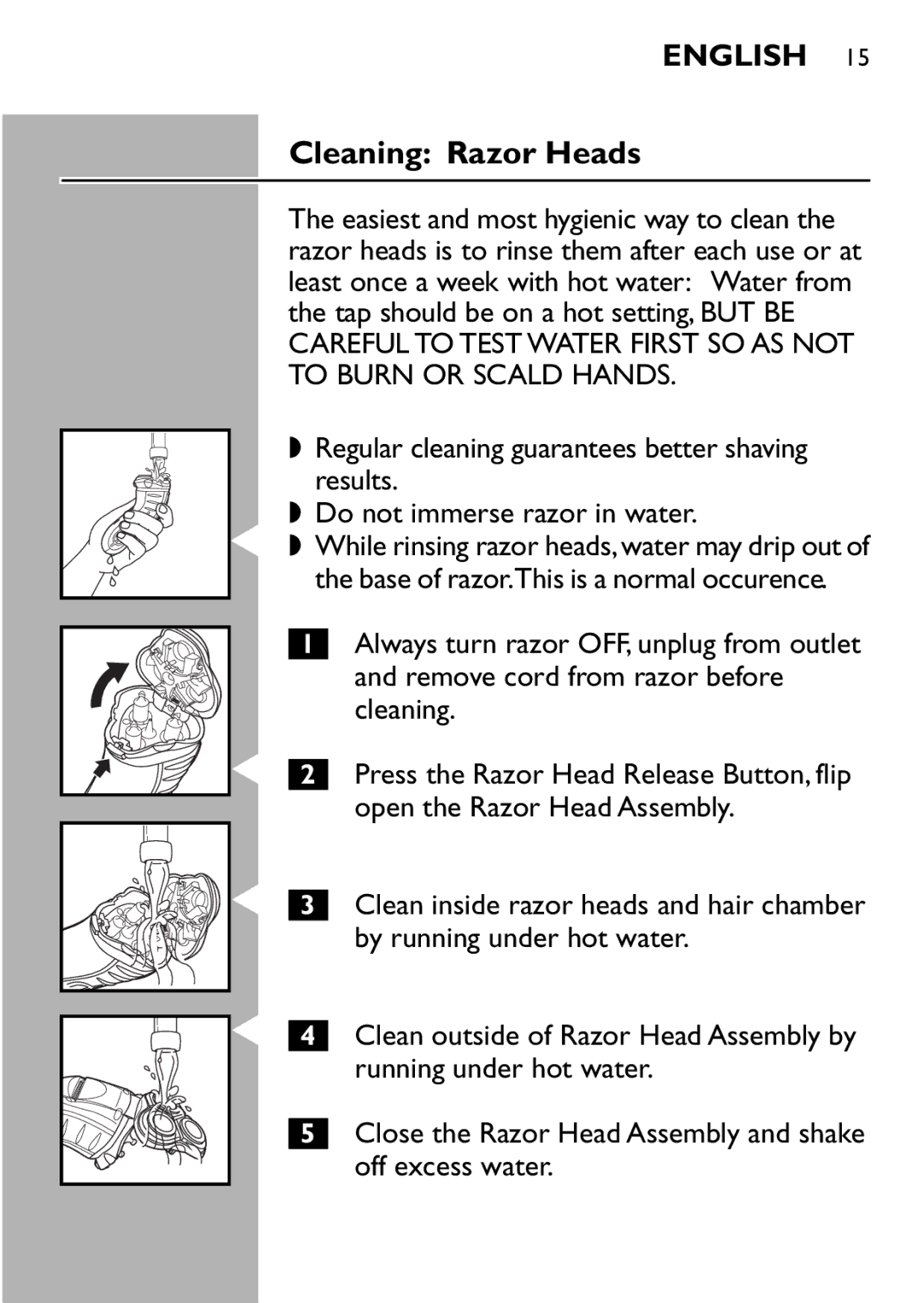 Philips 7110X, 7115X, 7120X, 7125X manual Cleaning Razor Heads, Close the Razor Head Assembly and shake off excess water 